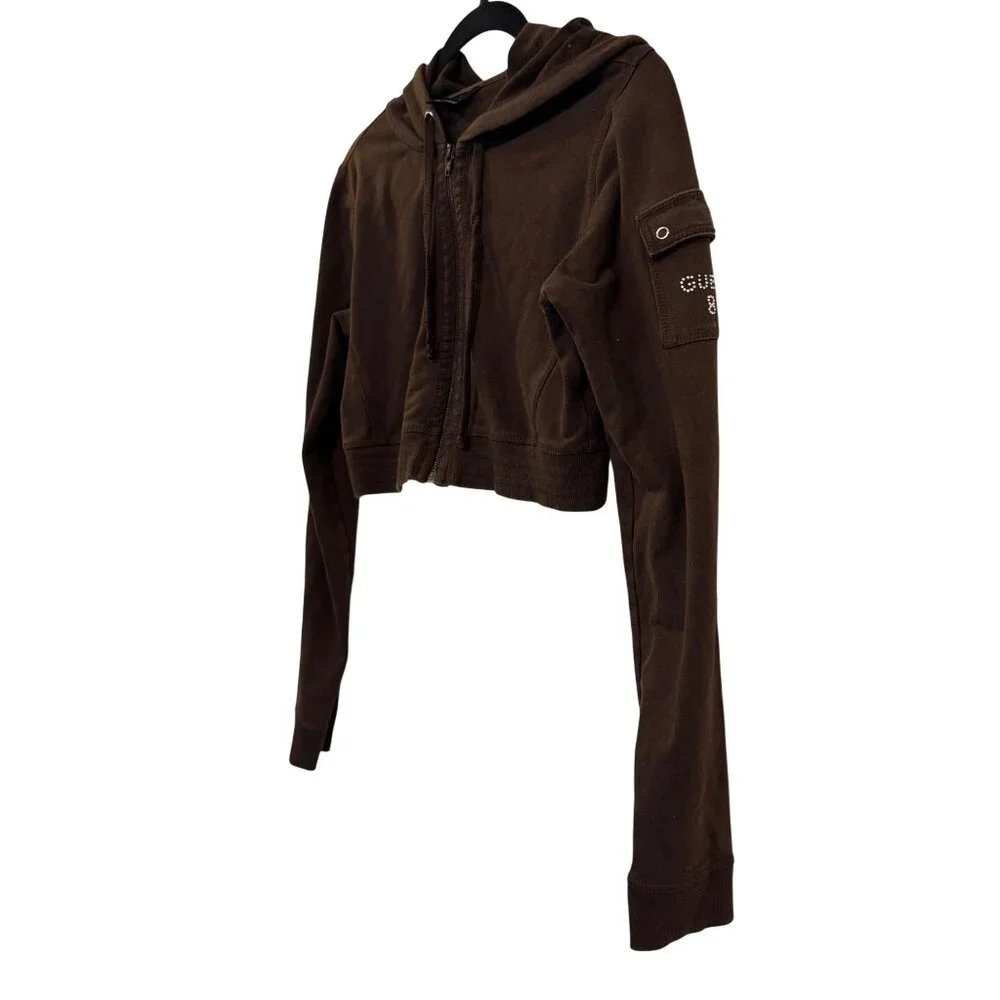 Vintage Guess Jeans Womens Brown Cropped Hoodie Rhinestone Detail Size L